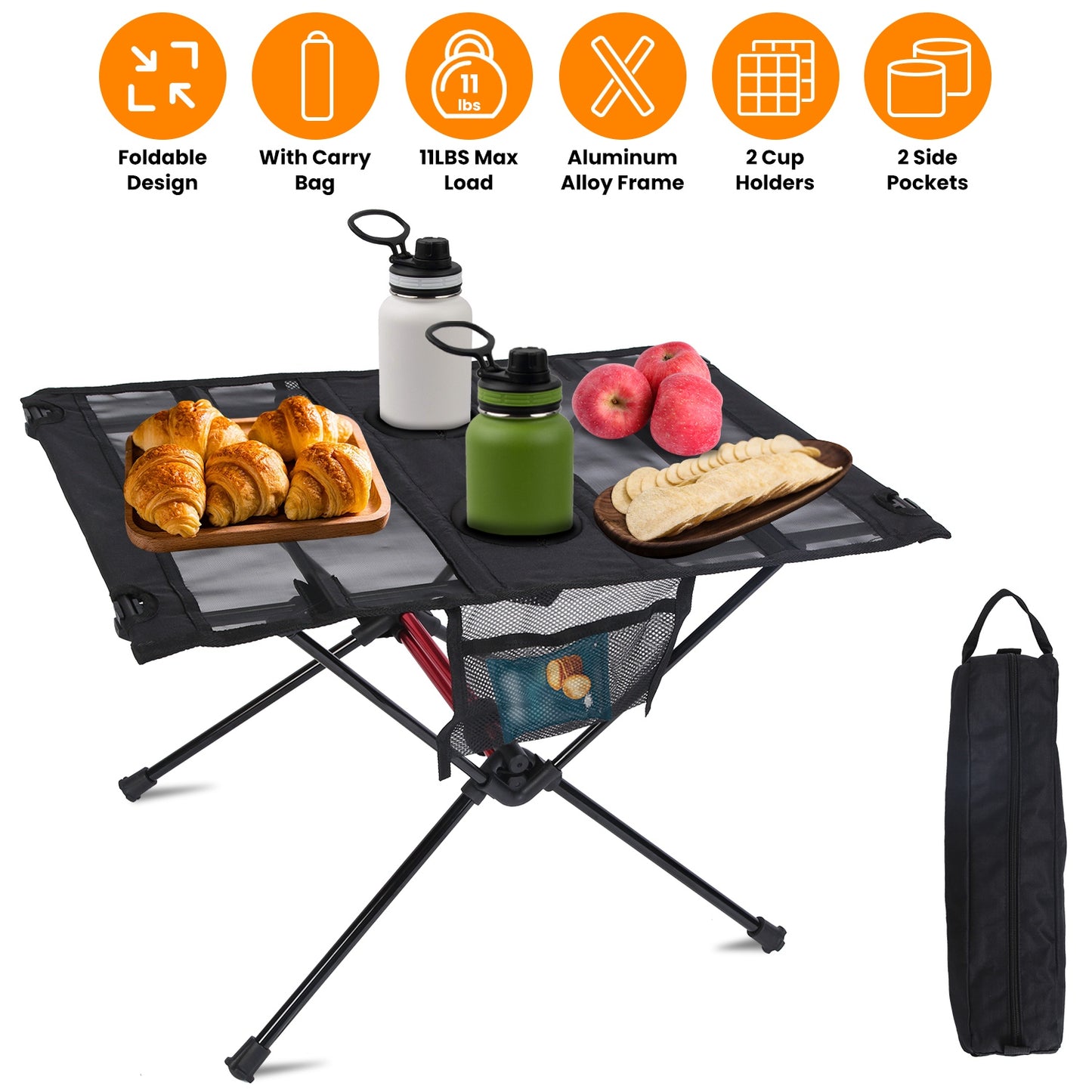 Portable Folding Camping Table with Cup Holders & Storage Bag - Black