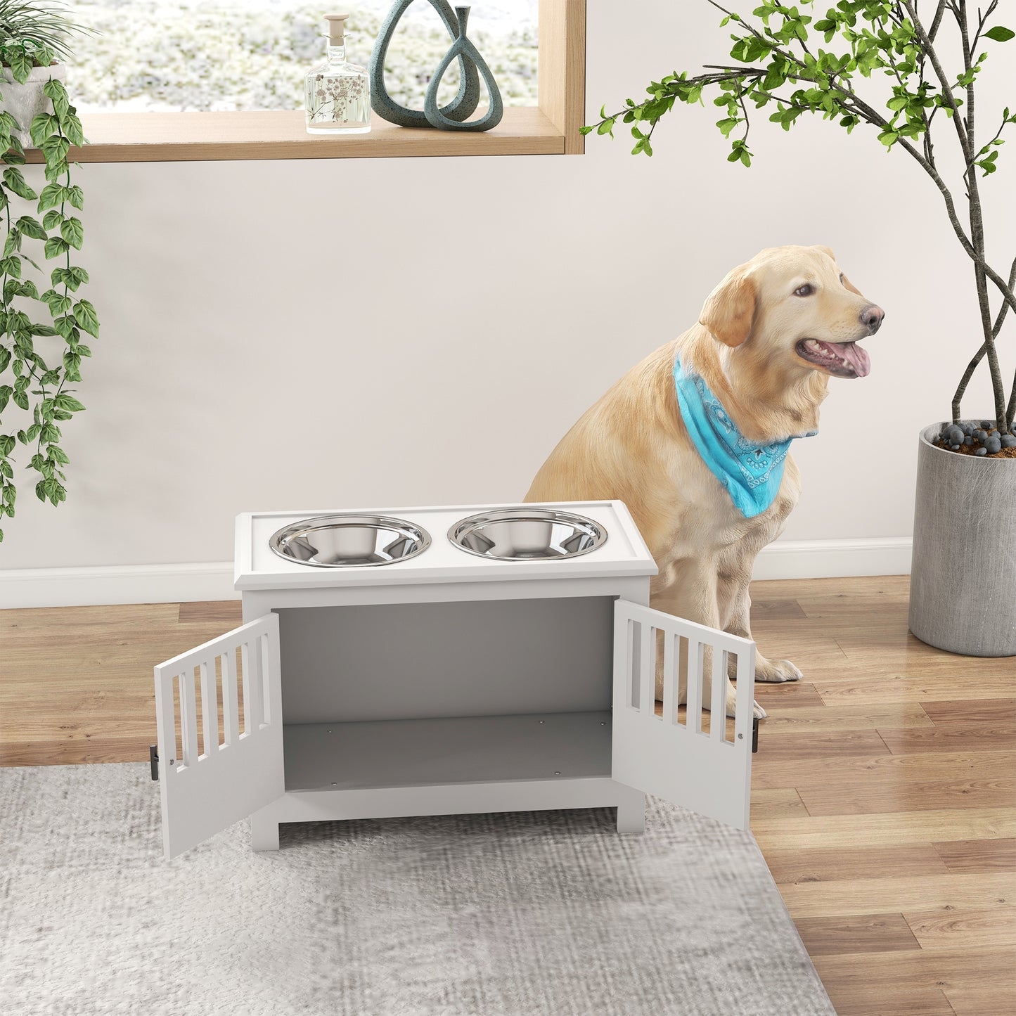 Dog Food Storage Cabinet with Bowls - Large Pet Feeding Station, White