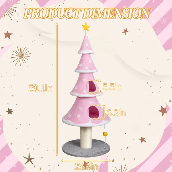 Large 59in Christmas Tree Cat Tower with 2 Condos & Scratching Post - Pink