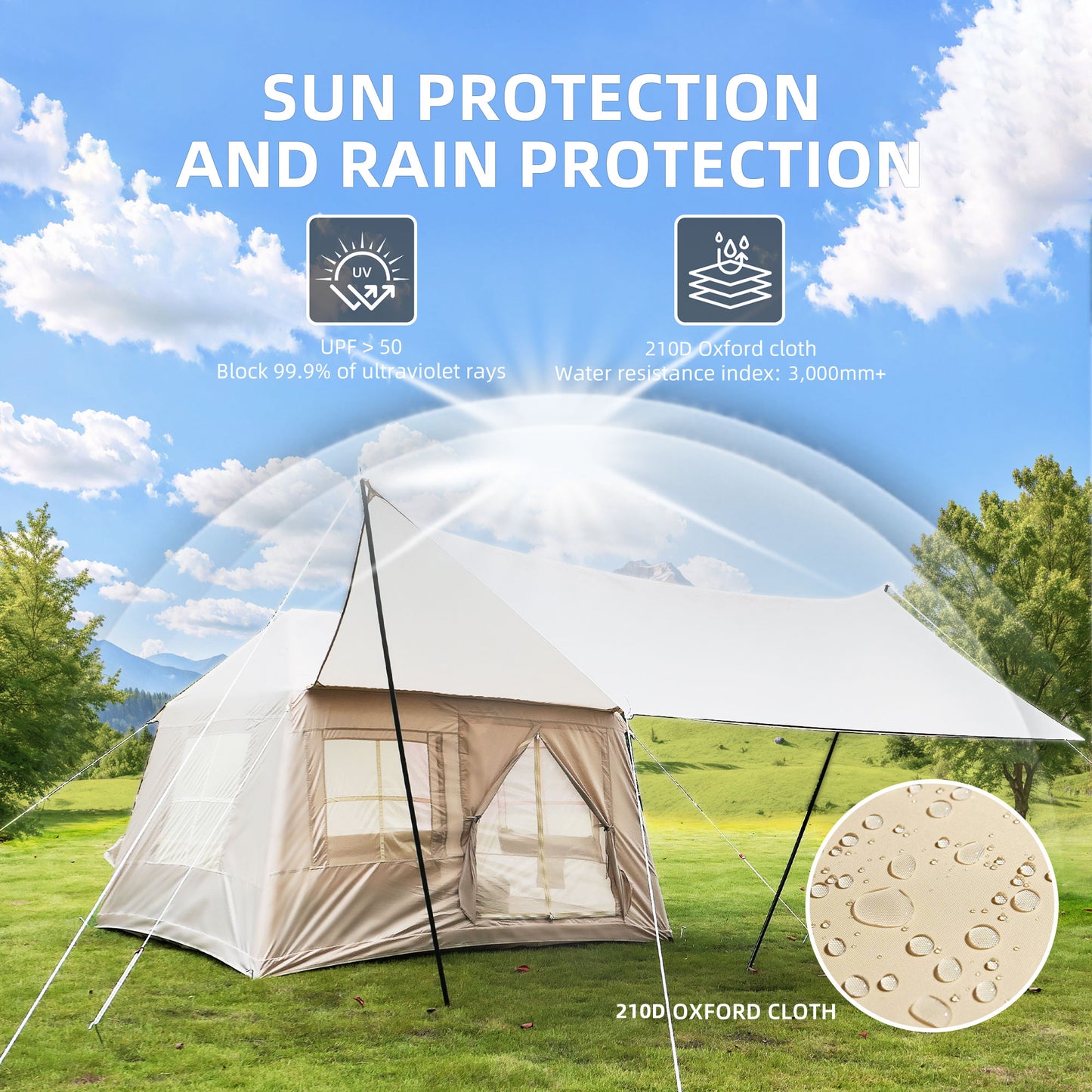 4-Season Inflatable Camping Tent with Mesh Windows - Beige
