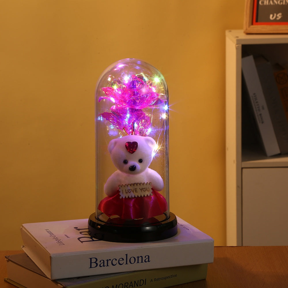 Rose Bear Preserved Flower Glass Cover with LED Light Valentine's Gift