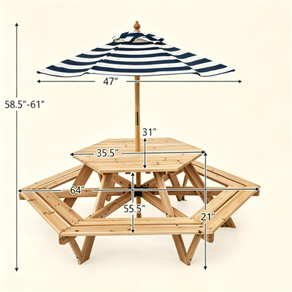 Kids Hexagonal Picnic Table with Umbrella - 6 Seats, Solid Wood Outdoor Set