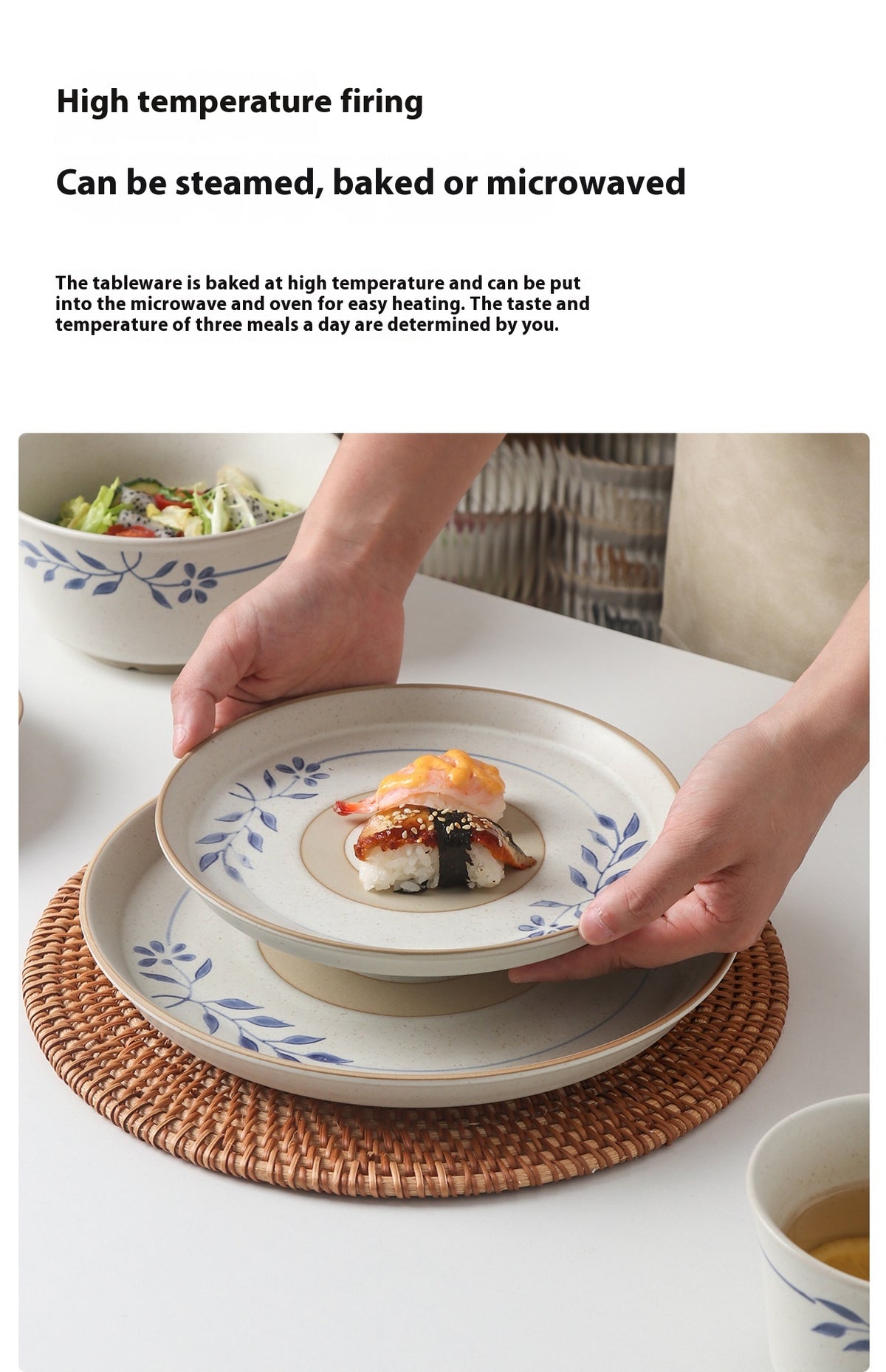 Retro Simple Rice Bowl Set - Household Kitchen Dinnerware with Flower Pattern
