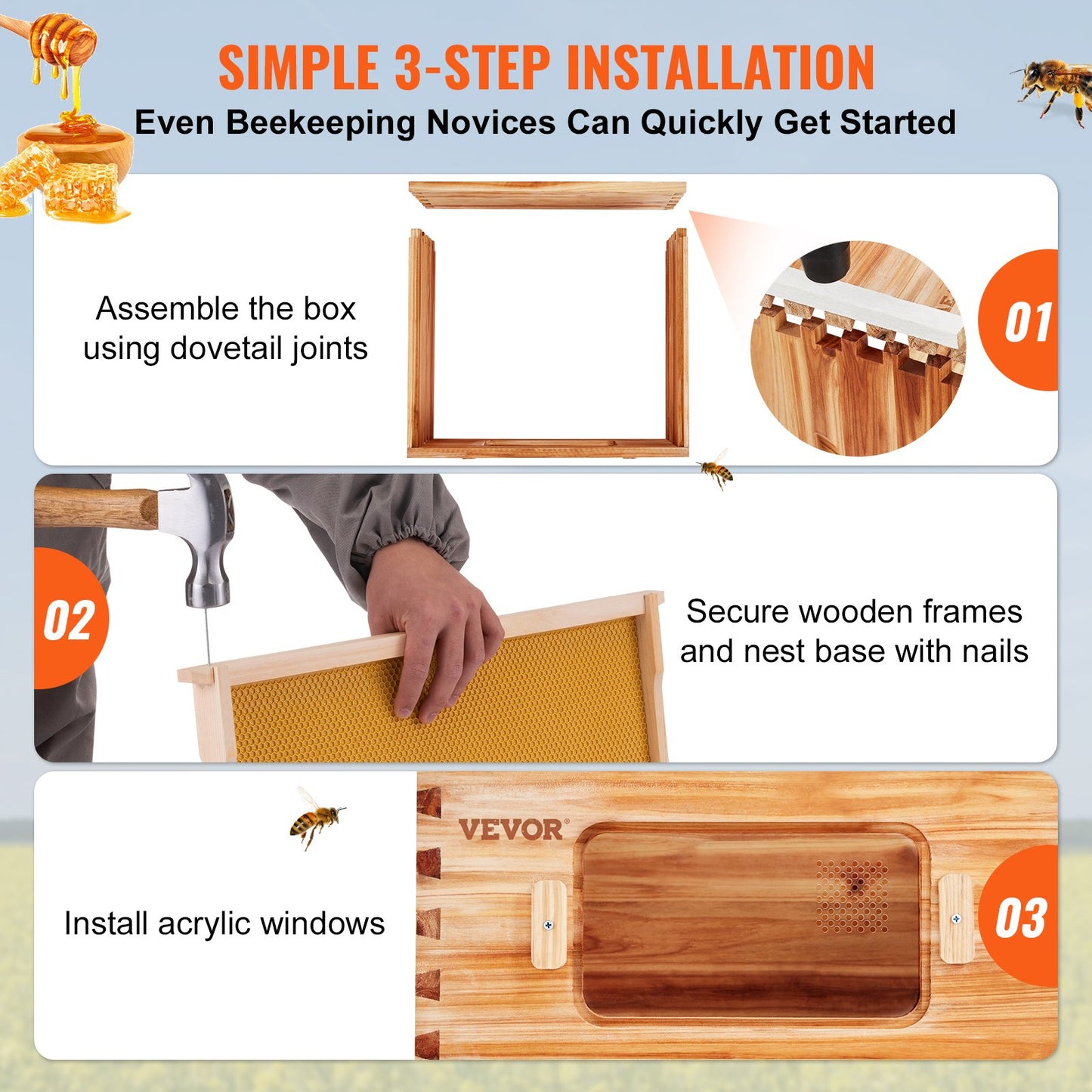 Bee Hive Medium Box Starter Kit with Cedar Wood & Transparent Windows