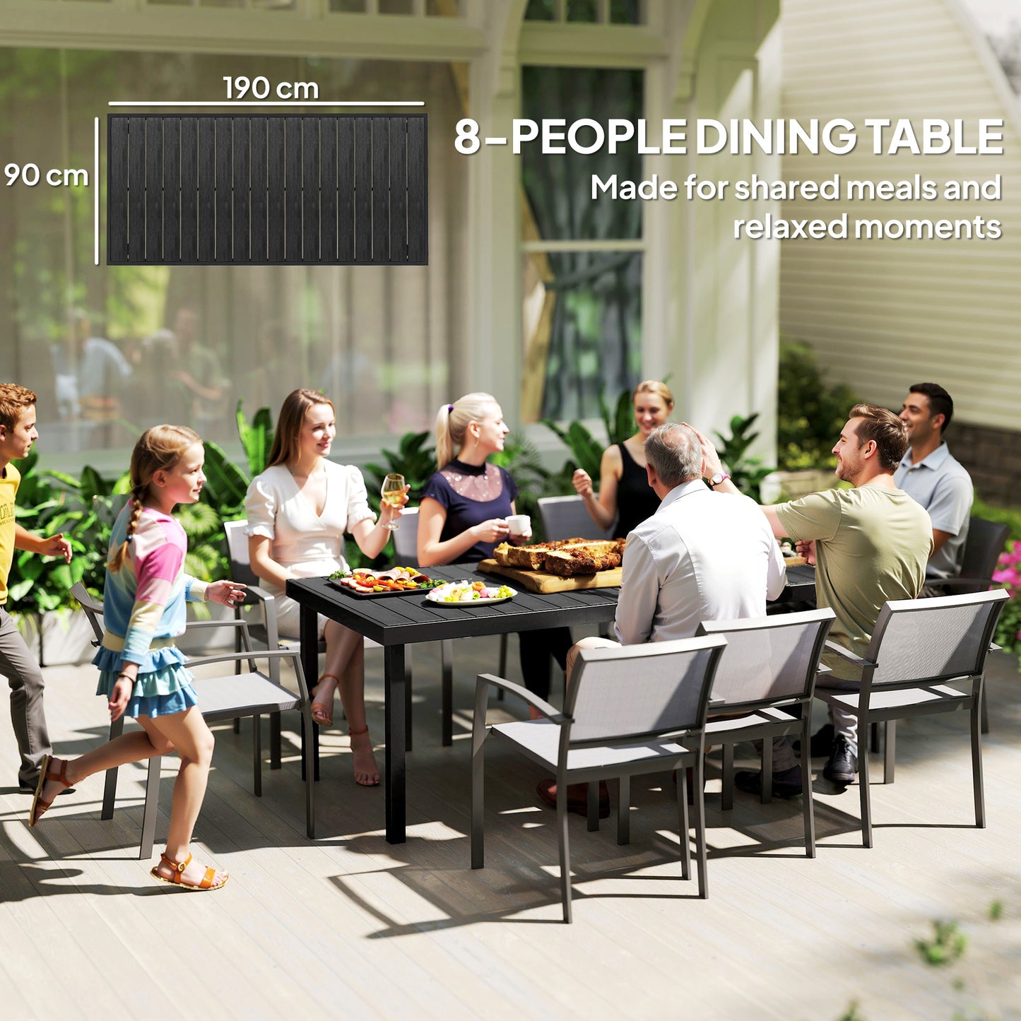 Outdoor Dining Table for 8 - Rectangular Aluminum Frame, Black