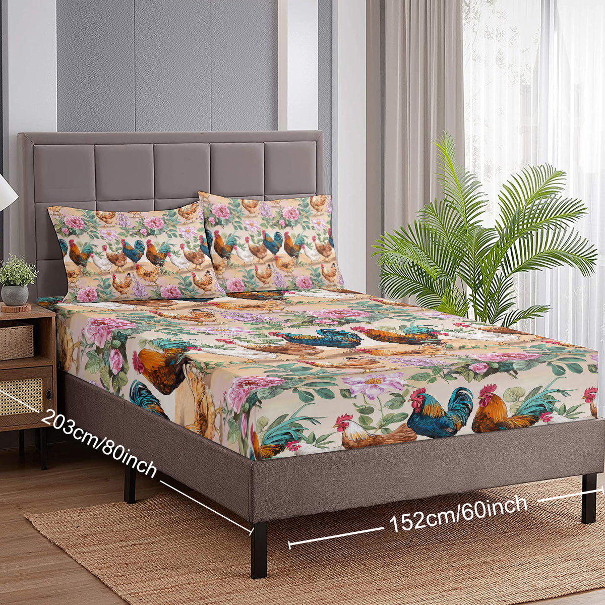 Farmhouse Animal Bed Sheet Set - Deep Pocket Fitted Bedding with Floral Rose Pattern