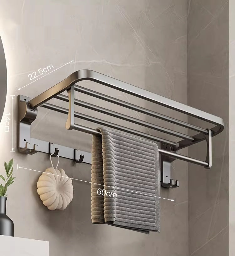 Foldable Bathroom Towel Rack with Hooks - Space Aluminum, No Drilling