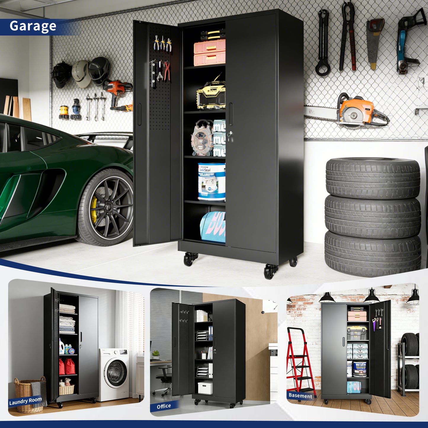 Heavy Duty Metal Storage Cabinet With Doors And Wheels, 71 Tall