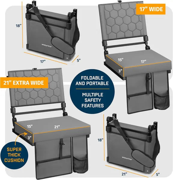 Folding Reclining Stadium Seat with Back Support - Grey