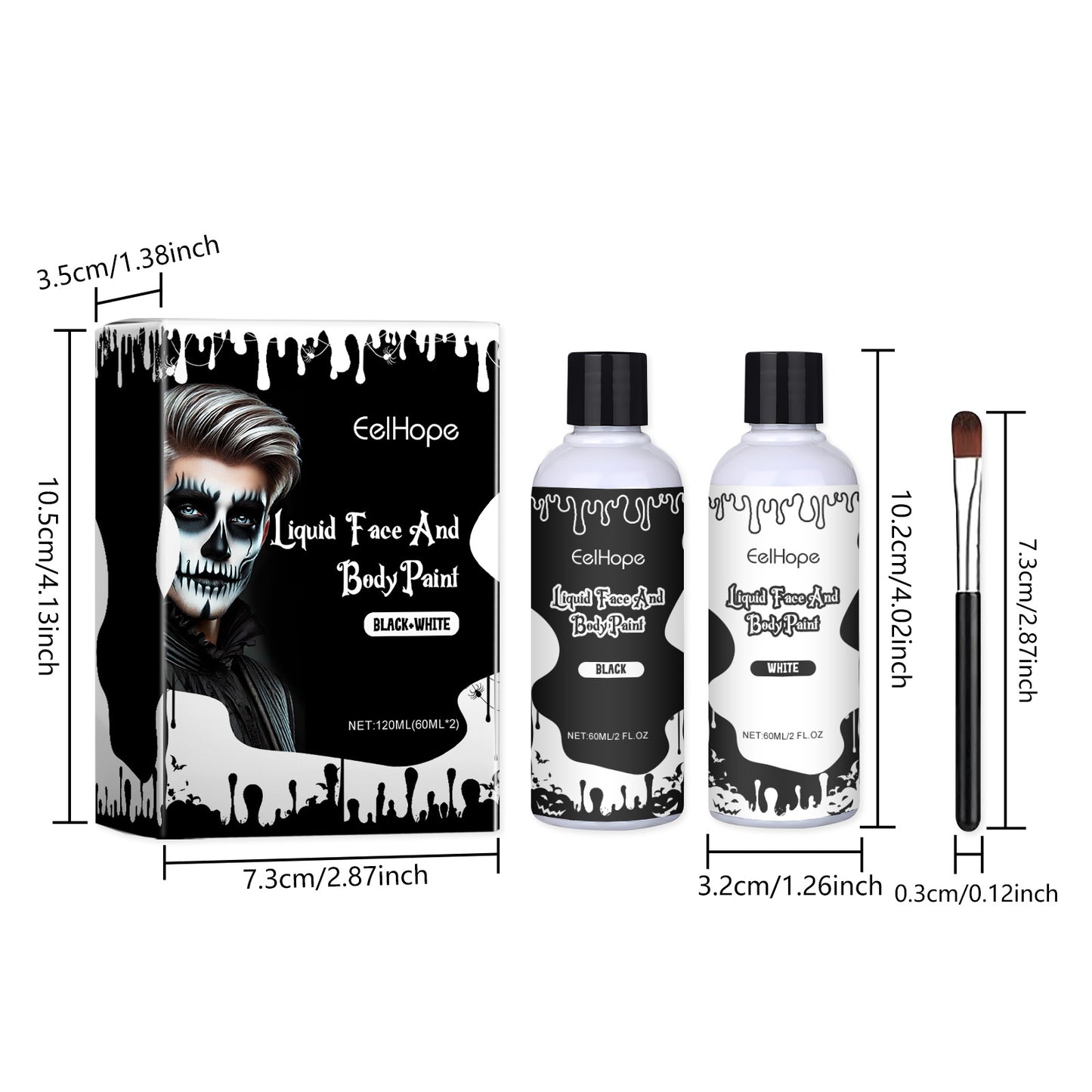Black and White Liquid Face & Body Paint Set - Halloween Makeup Kit