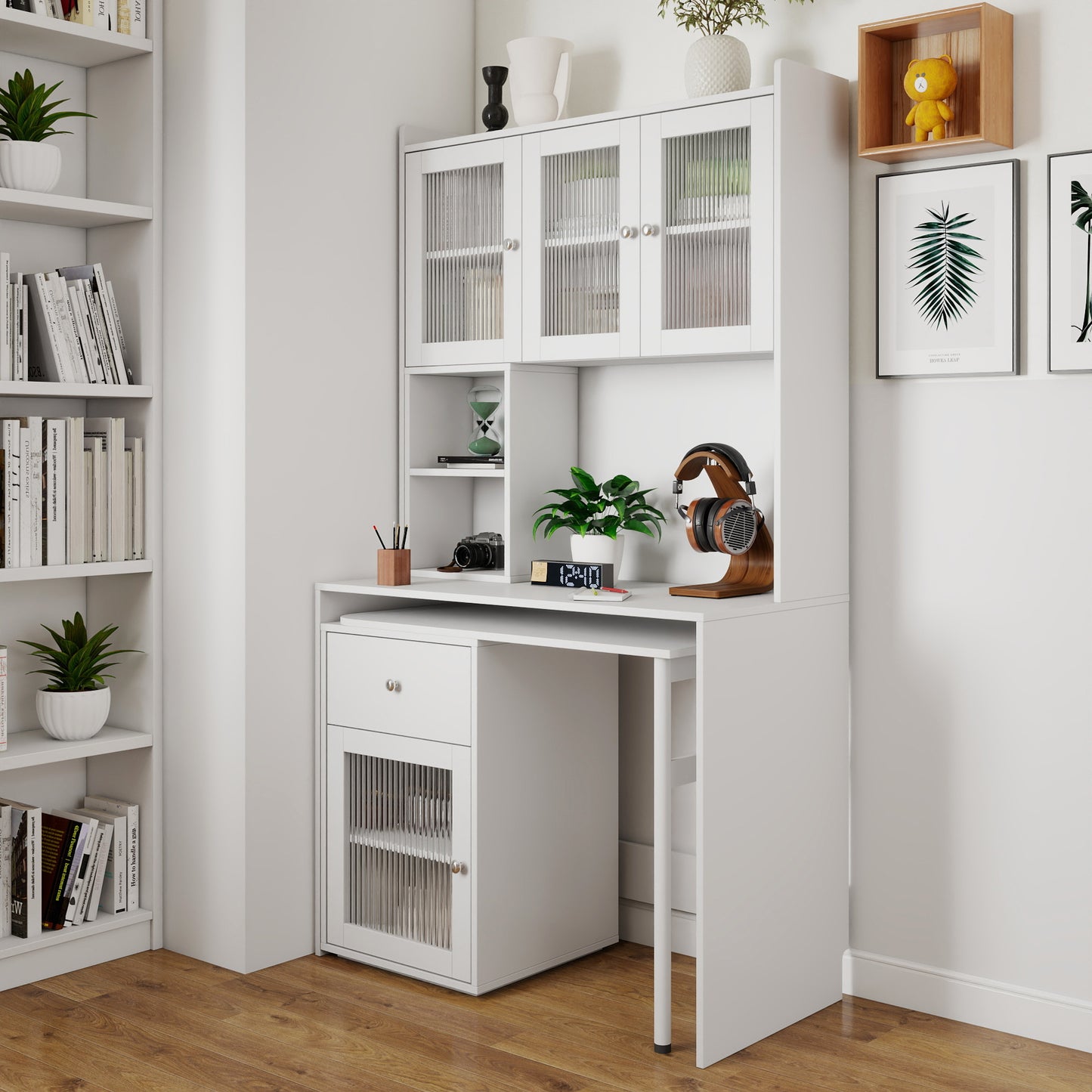 Computer Desk with Glass Door & Hutch - White, Rotating Desktop
