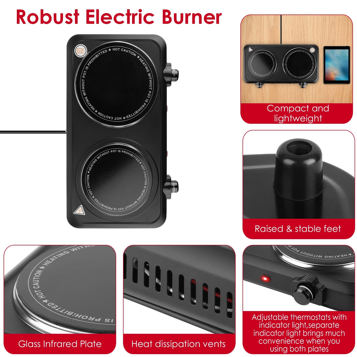 2000W Electric Infrared Dual Burner Hot Plate - Portable Cooking Stove