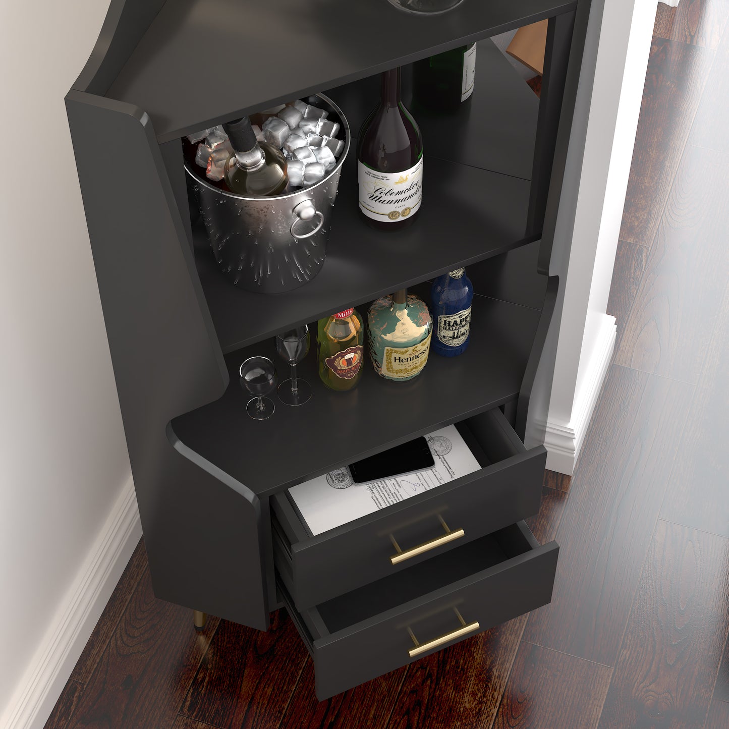 Wooden Corner Bar Cabinet With 2 Open Storage Shelves And Drawers,