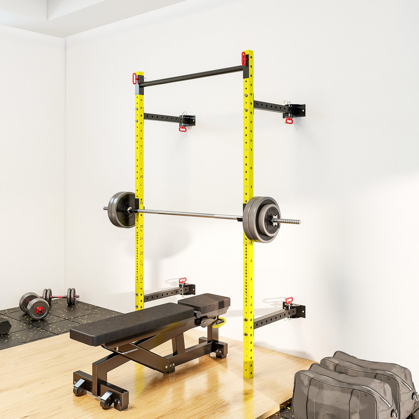 Adjustable Wall-Mounted Folding Squat Rack with Pull-Up Bar - Yellow