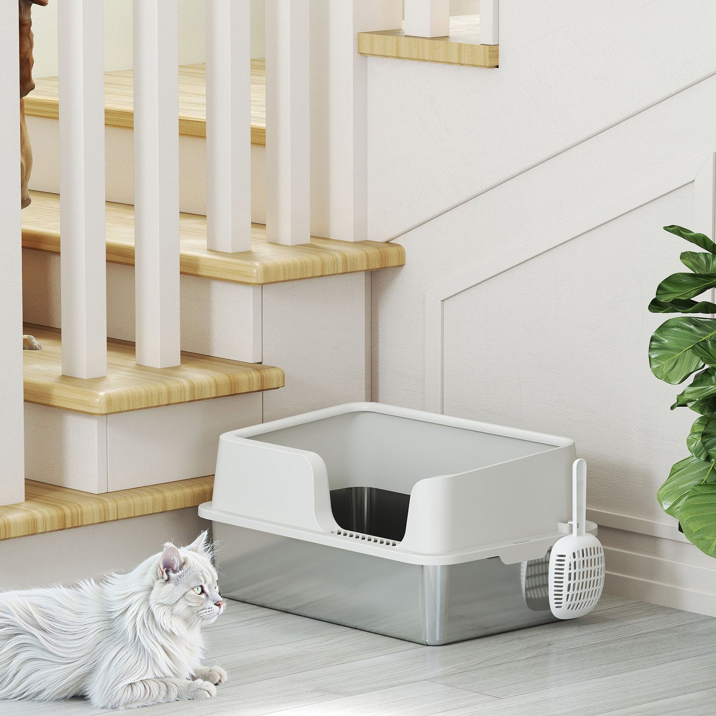 Large Cat Litter Box Stainless Steel with High Sides & Scoop - Easy Cleaning
