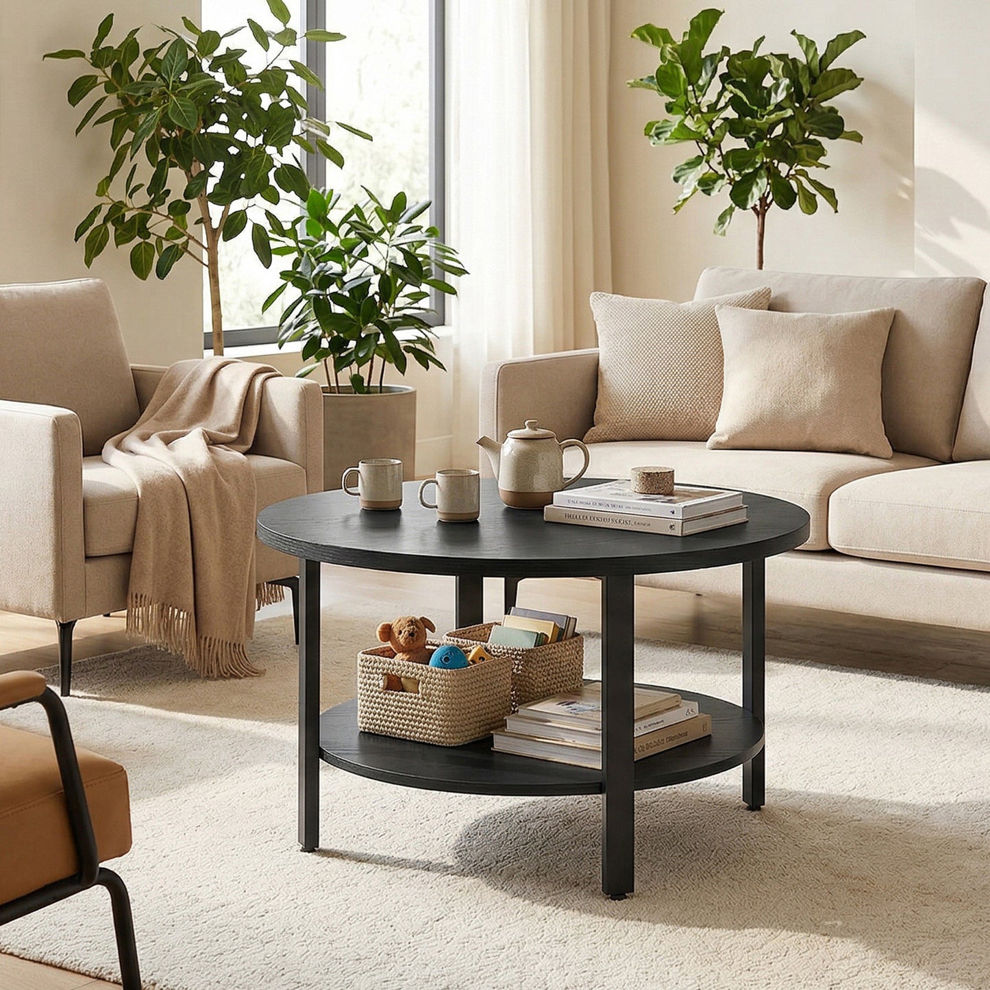 Round Coffee Table with 2 Tiers and Storage - Black