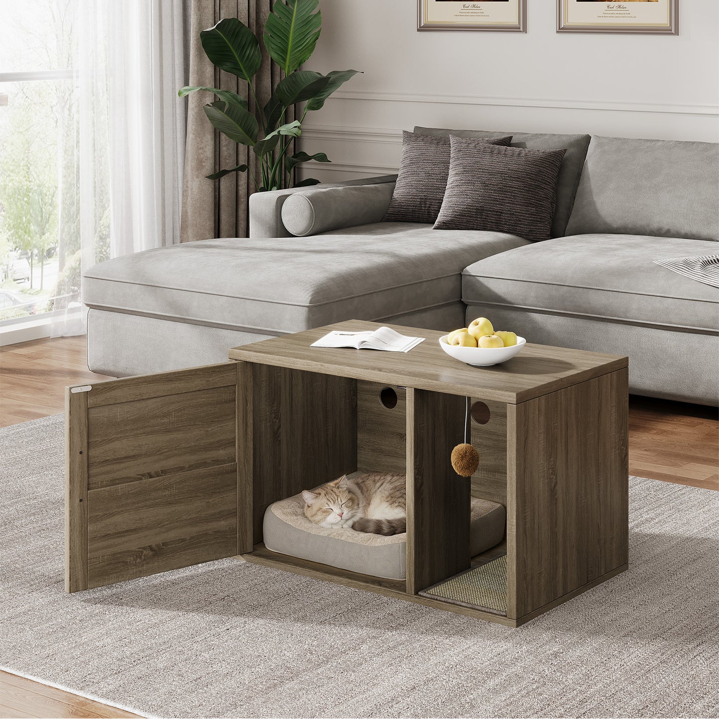 Cat Litter Box Enclosure & Side Table with Scratching Pad - Wooden Pet Furniture