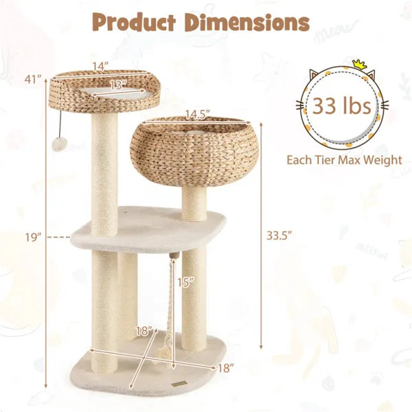 41 Inch Hand-Woven Water Hyacinth Cat Tree with Sisal Scratching Posts - Multi-Level Activity Center for Cats