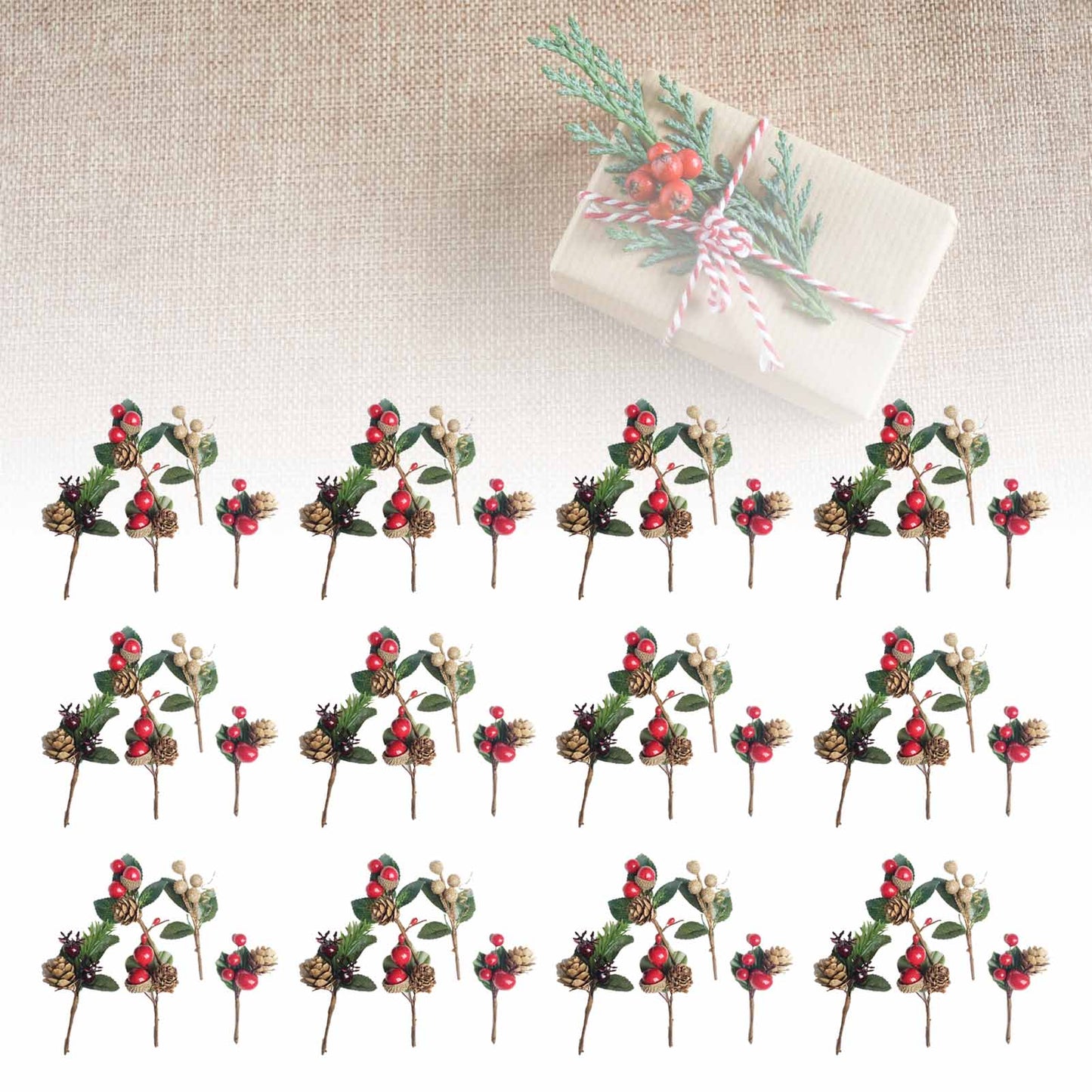 Artificial Flowers with Pine Cones and Red Berries - 12 Sets