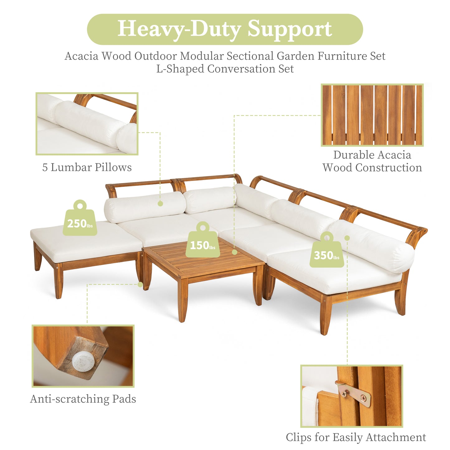 6 Piece Acacia Wood Patio Sofa Set - L-Shaped Modular Outdoor Seating with Cushions, Teak Beige