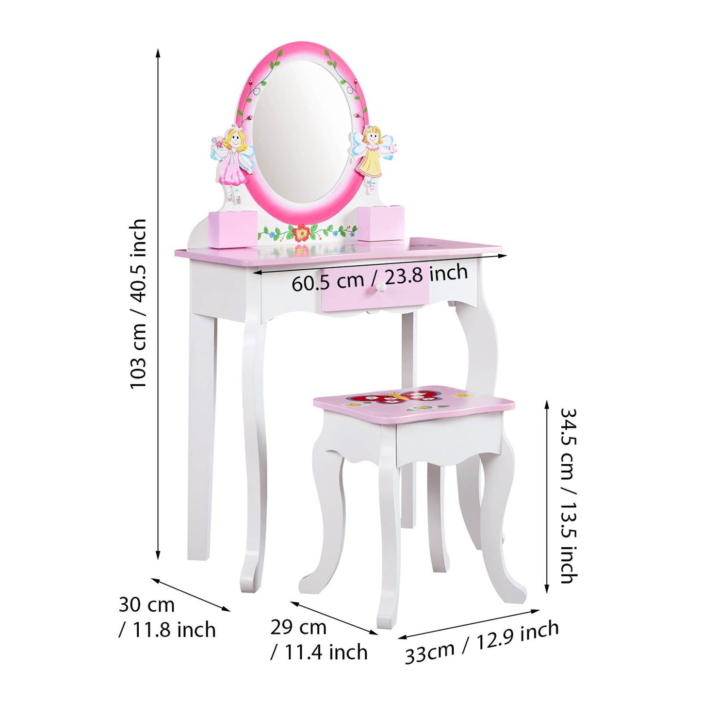 Kids Vanity Set Floral Printed Wooden Makeup Dressing Princess Table