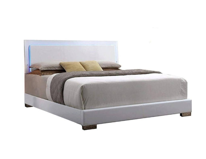 Queen Bed with White Faux Leather & LED Headboard