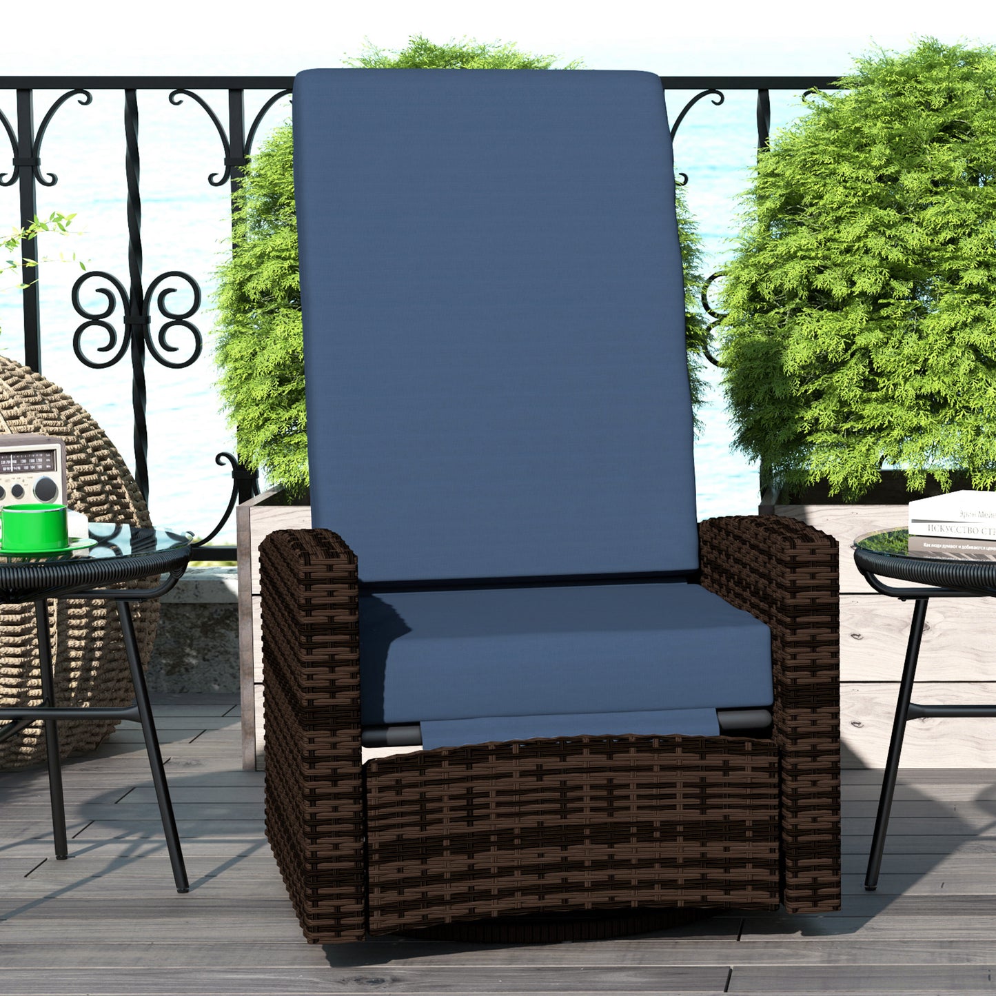 Outdoor Wicker Swivel Recliner Chair with Footrest - Dark Blue