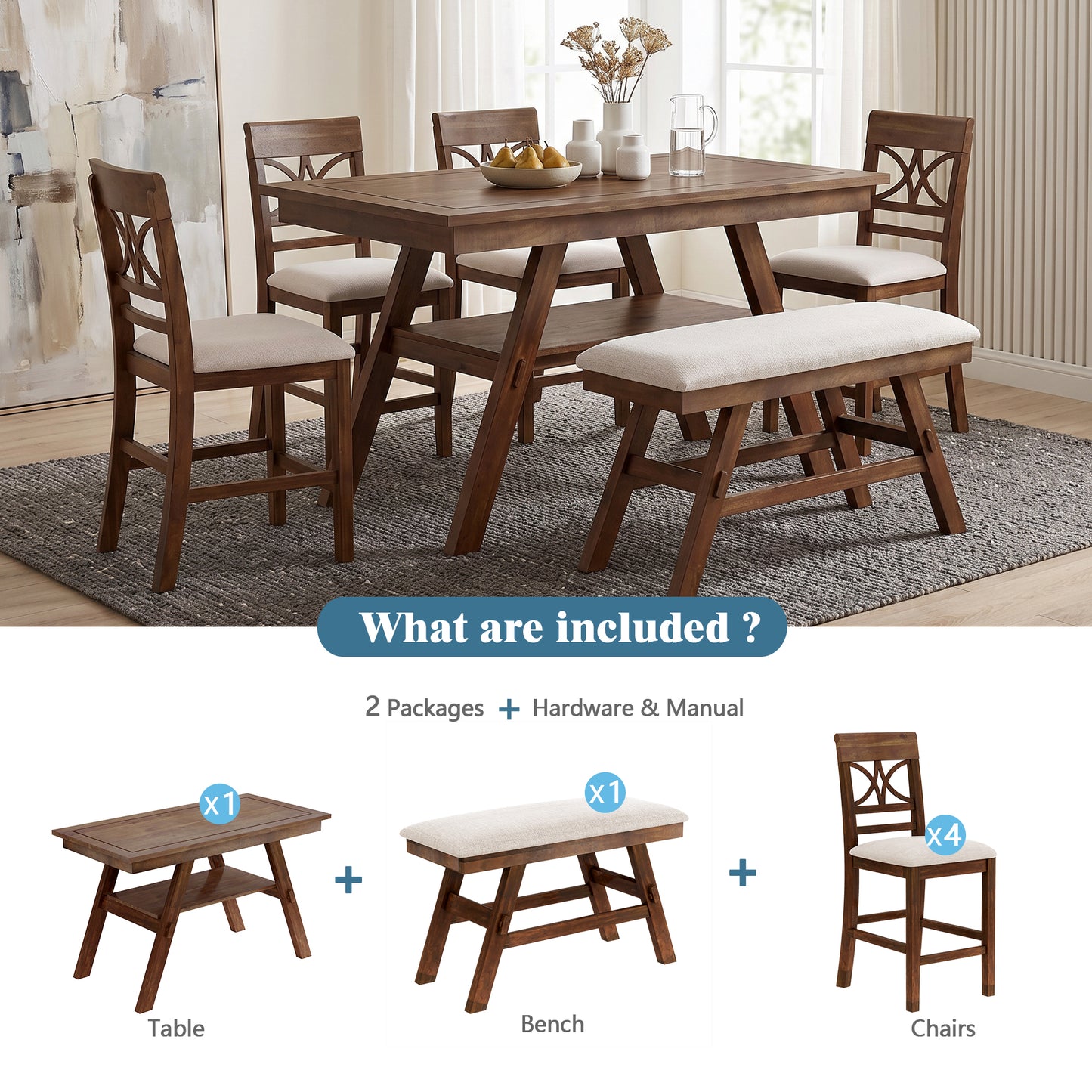 Counter Height Dining Table Set with Storage Shelf - 6 Pieces, Walnut