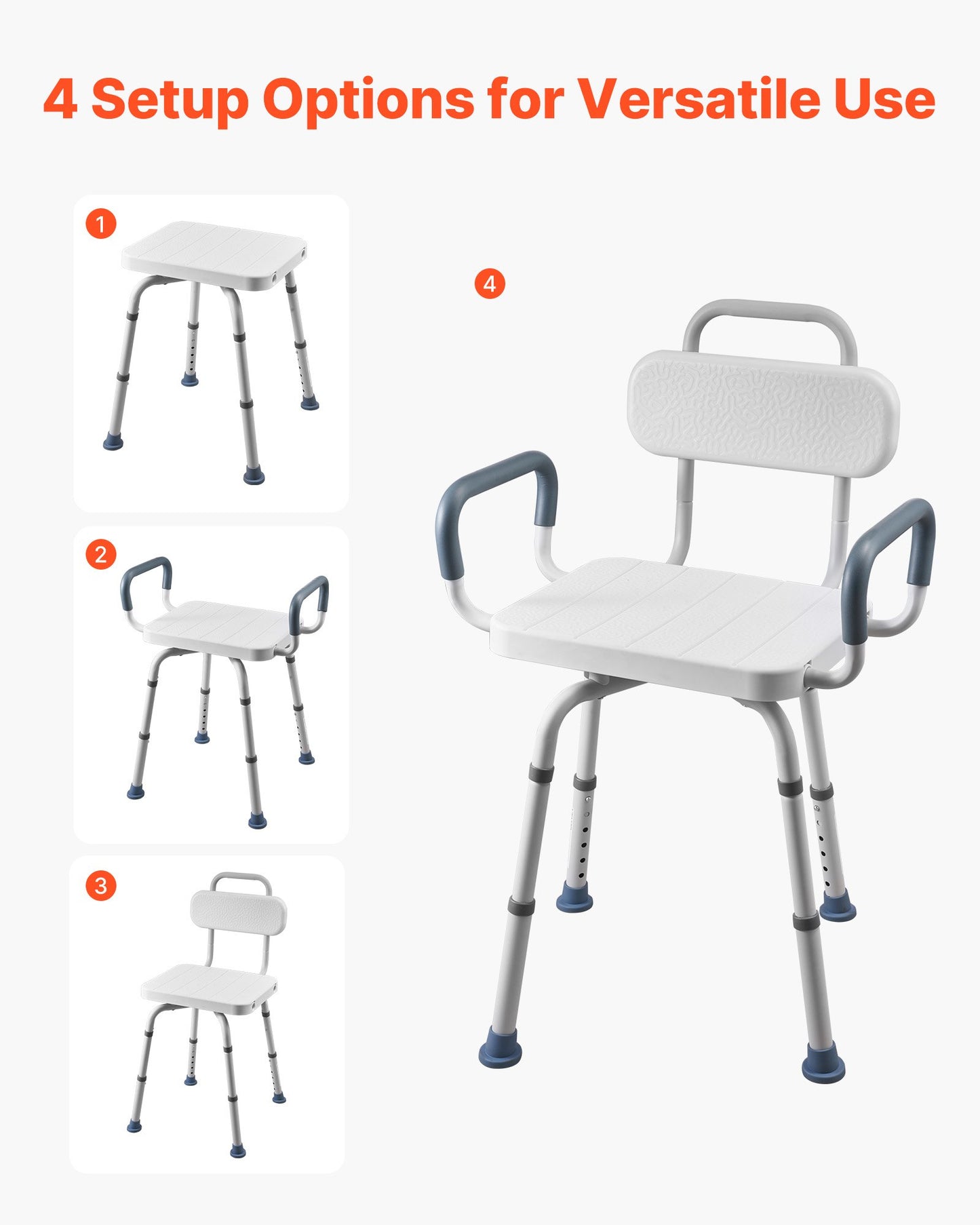 Heavy Duty Swivel Shower Chair with Arms and Back - 400 lbs Capacity, Height Adjustable Bathroom Seat for Adults and Seniors