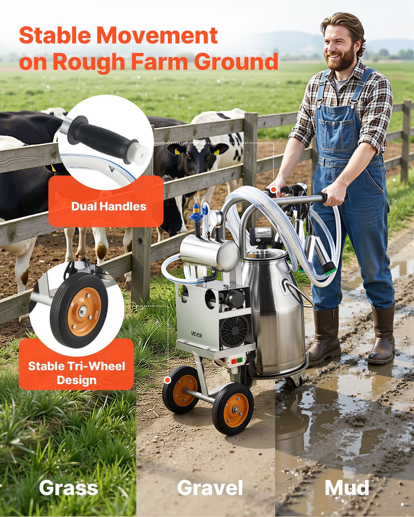 Electric Cow Milking Machine 6.6 Gal Stainless Steel Bucket Food-Grade Teat Cups