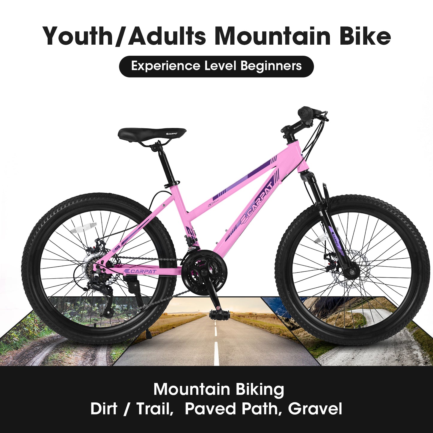 24 Inch Mountain Bike for Teen Girls & Women - Shimano 21 Speeds, Pink