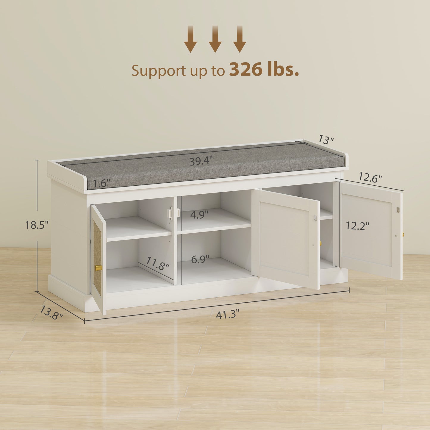 Shoe Storage Bench with Woven Rattan Doors & Cushion - Gray White