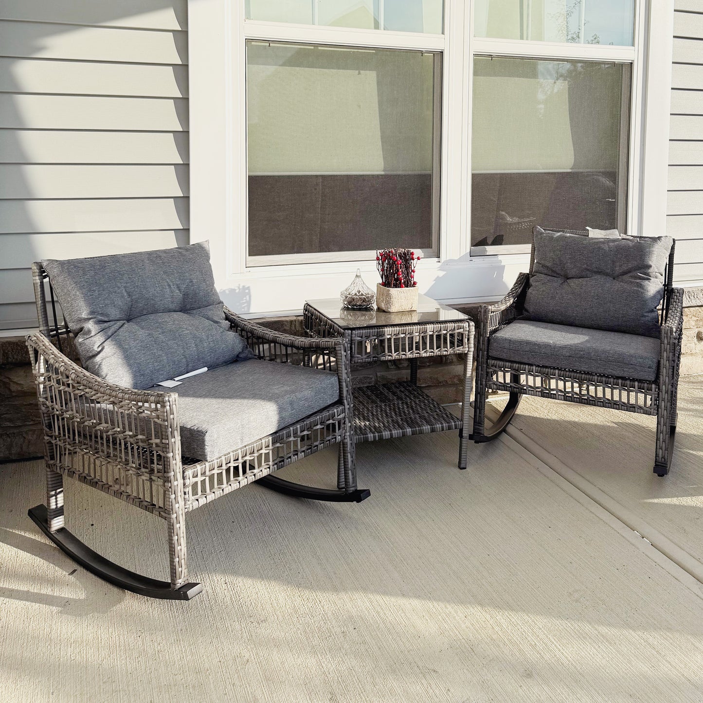 3-Piece Outdoor Rattan Rocker Chair Set with Glass Table - Gray