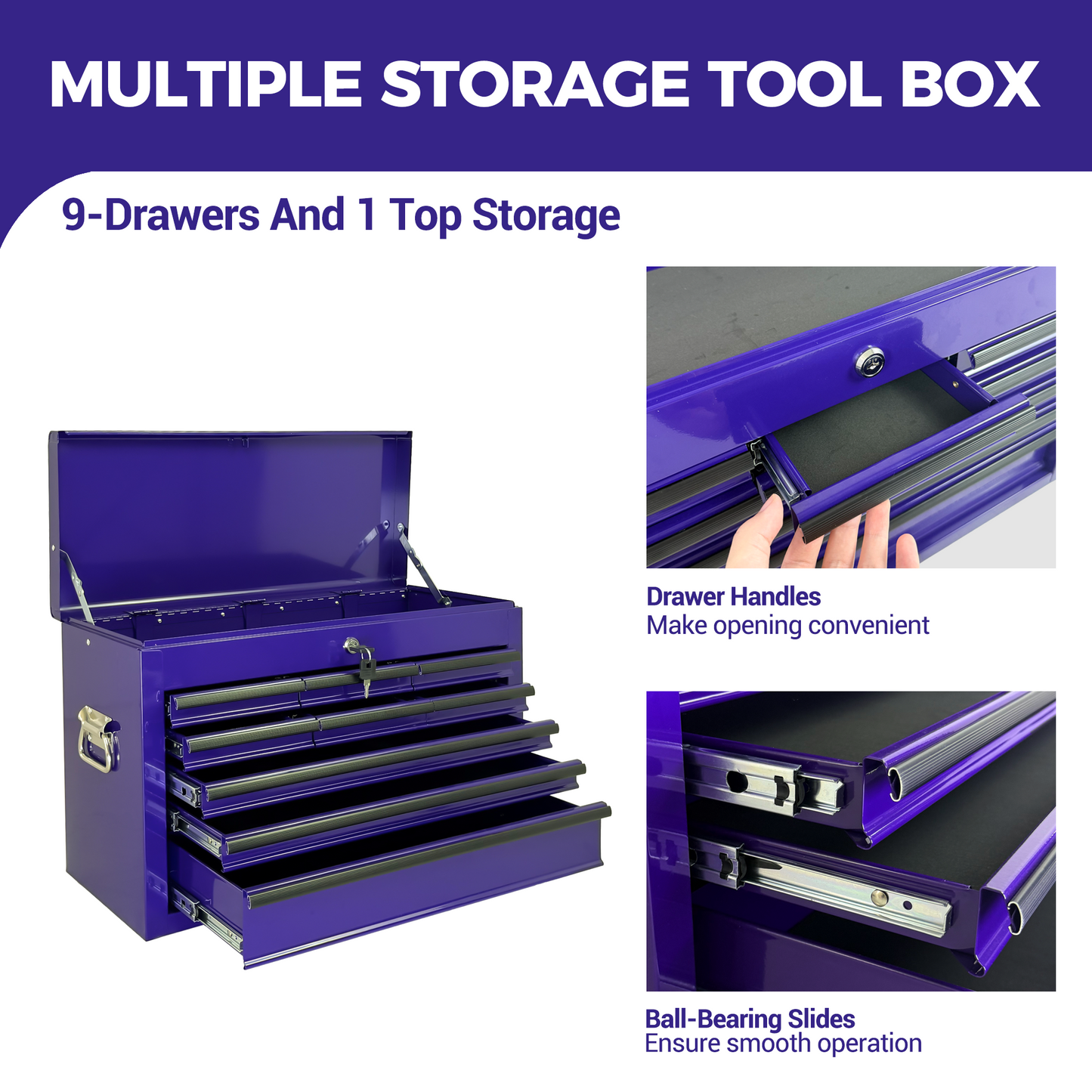Purple Heavy Duty Metal Tool Box 24-Inch with 9 Drawers & Locking System