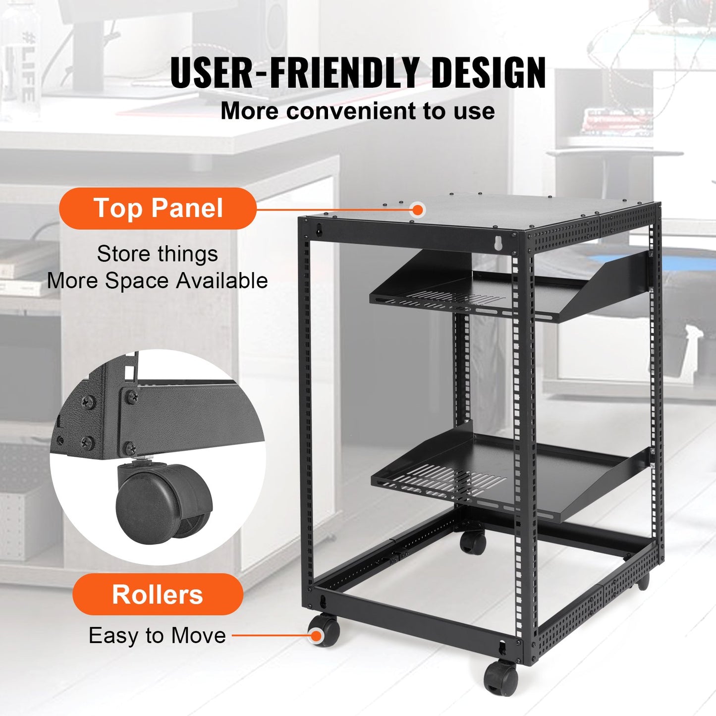 15U Open Frame Server Rack with Adjustable Depth 23-40 inches - Black