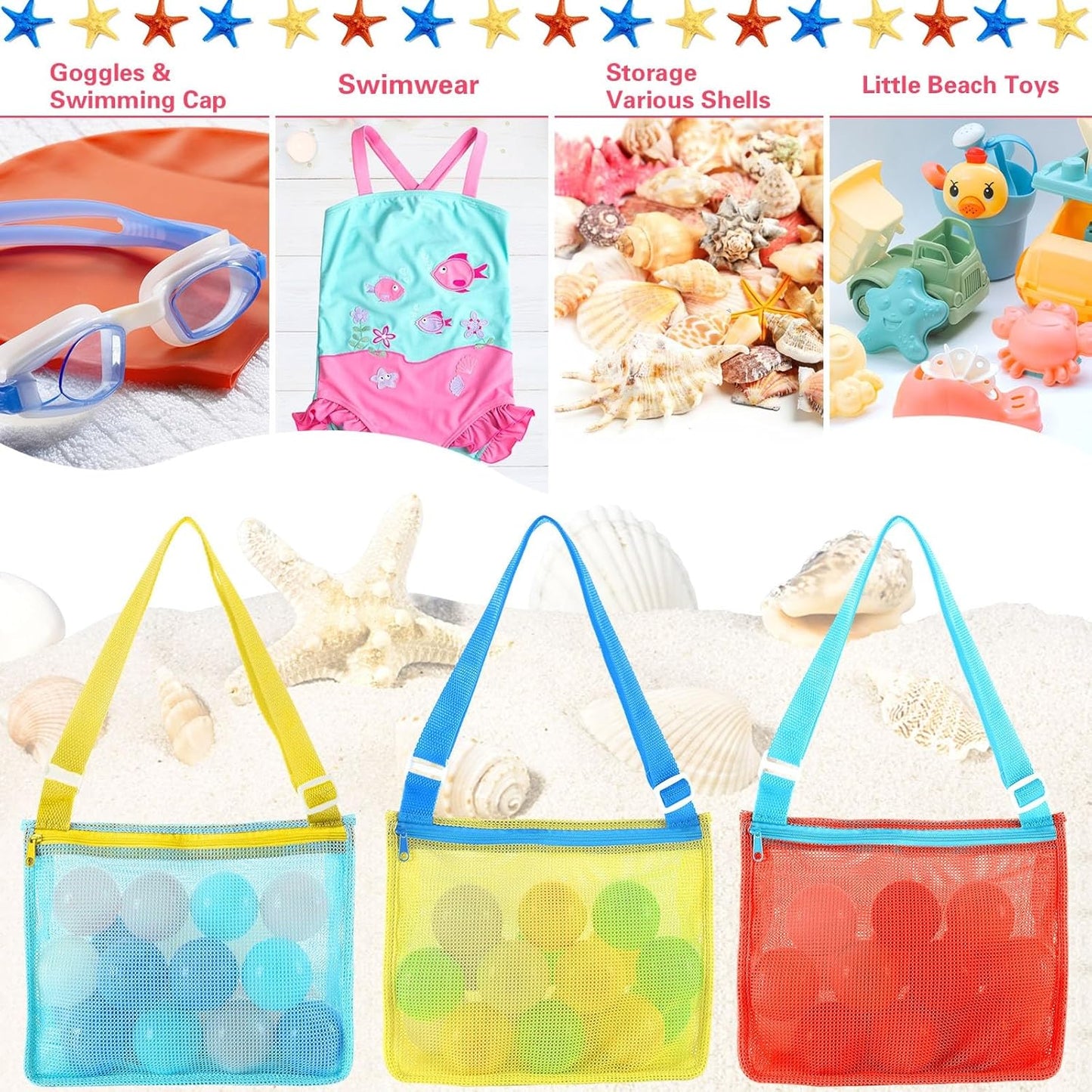 3 Pack Mesh Beach Bag for Shell Collecting - Durable & Adjustable