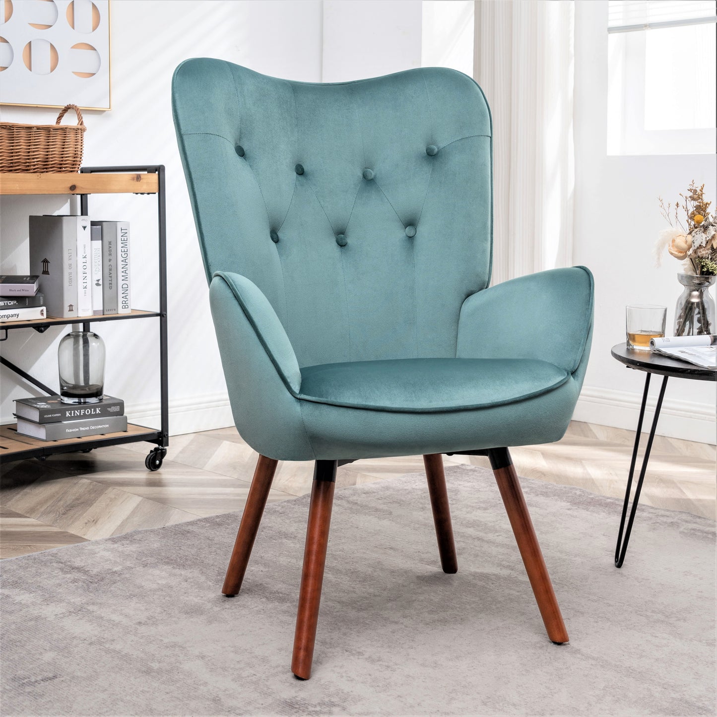 Mid-Century Modern Wingback Accent Chair, Button-Tufted Polyester
