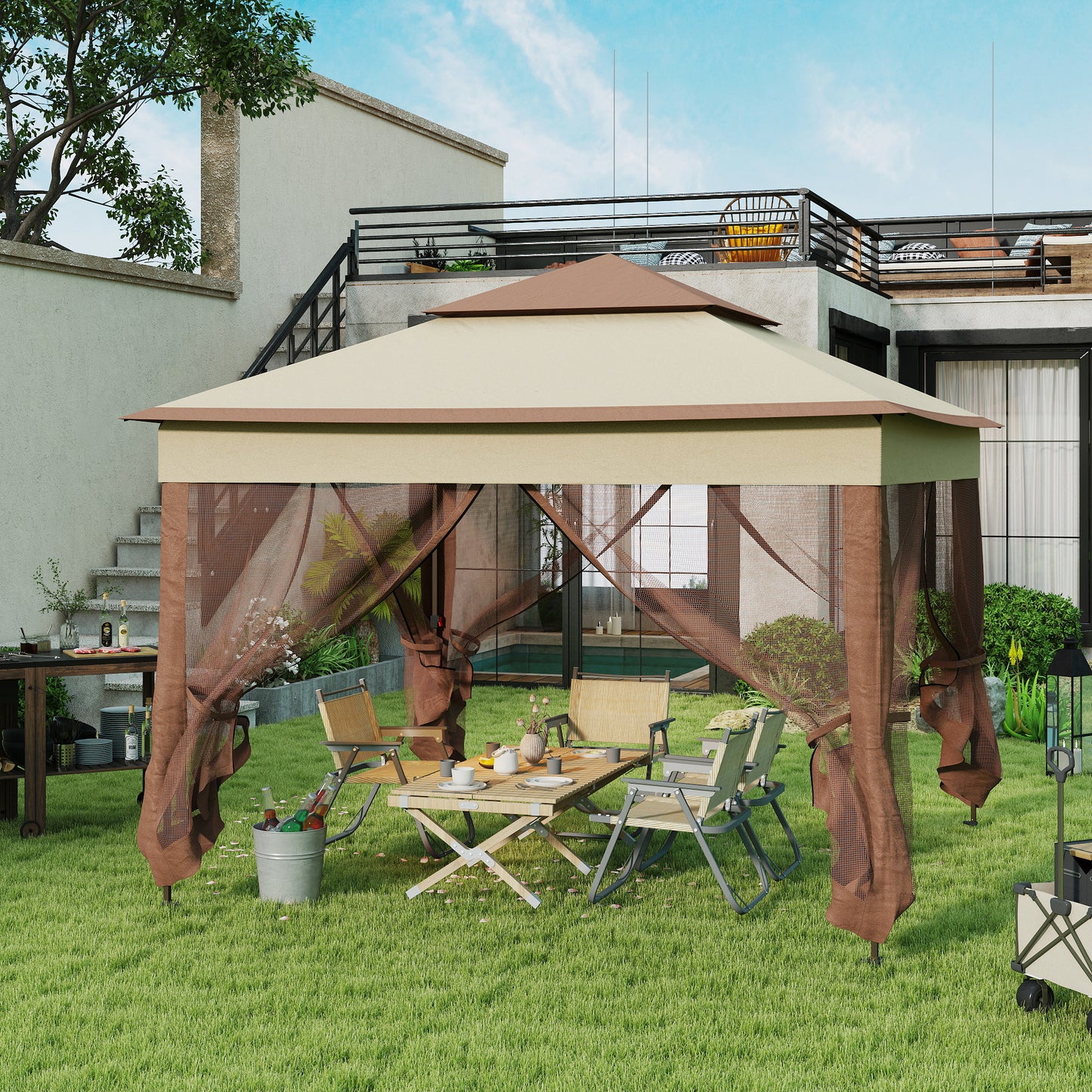 Pop-Up Canopy Gazebo Shelter with Zipper Netting - Khaki 11x11