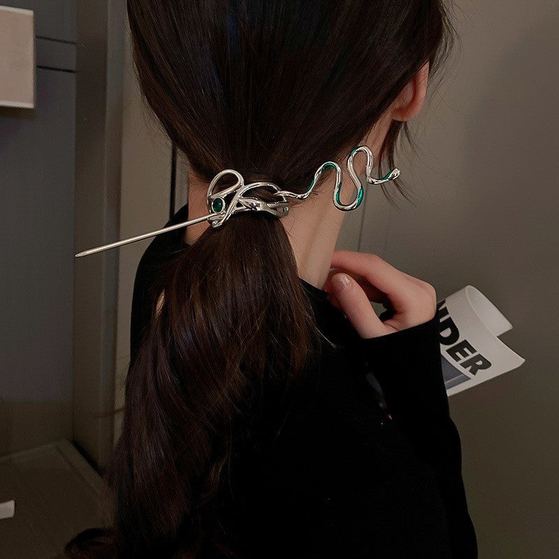 Snake Shaped Antique Metal Hairpin - Green Gem