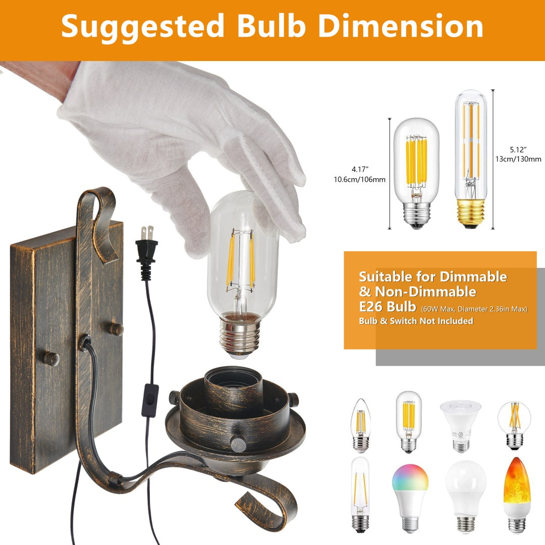 Rustic Farmhouse Wall Sconces Set of 2 - Vintage Plug-in Lights