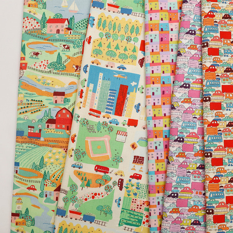 Cotton Fabric for Arts & Crafts - Cartoon Car & House Design, 45x110cm