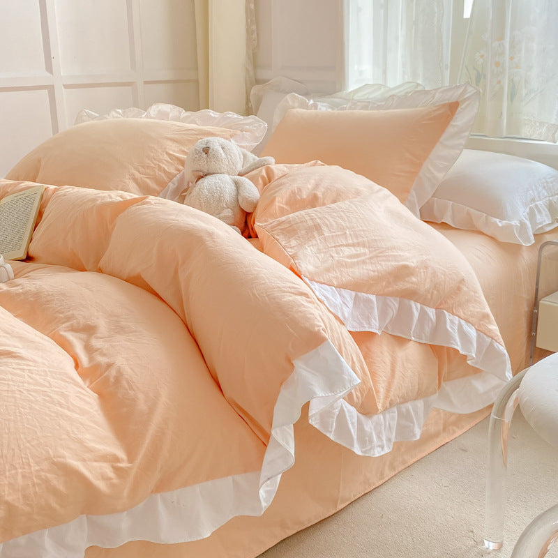 Instagram-Style White Bedding Set - Princess Water-Washed Cotton, 4-Piece Duvet Cover Set