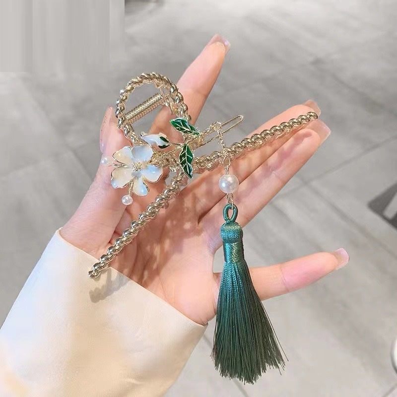 Antique Metal Hair Clip with Tassel & Pearl Detail