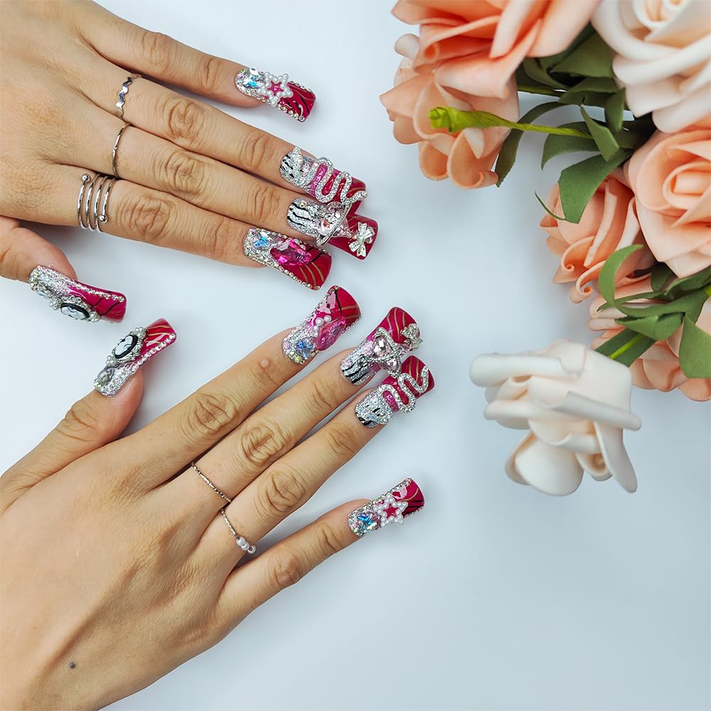 Medium Square Press-On Nails - Scarlet Serpent Design with Stars