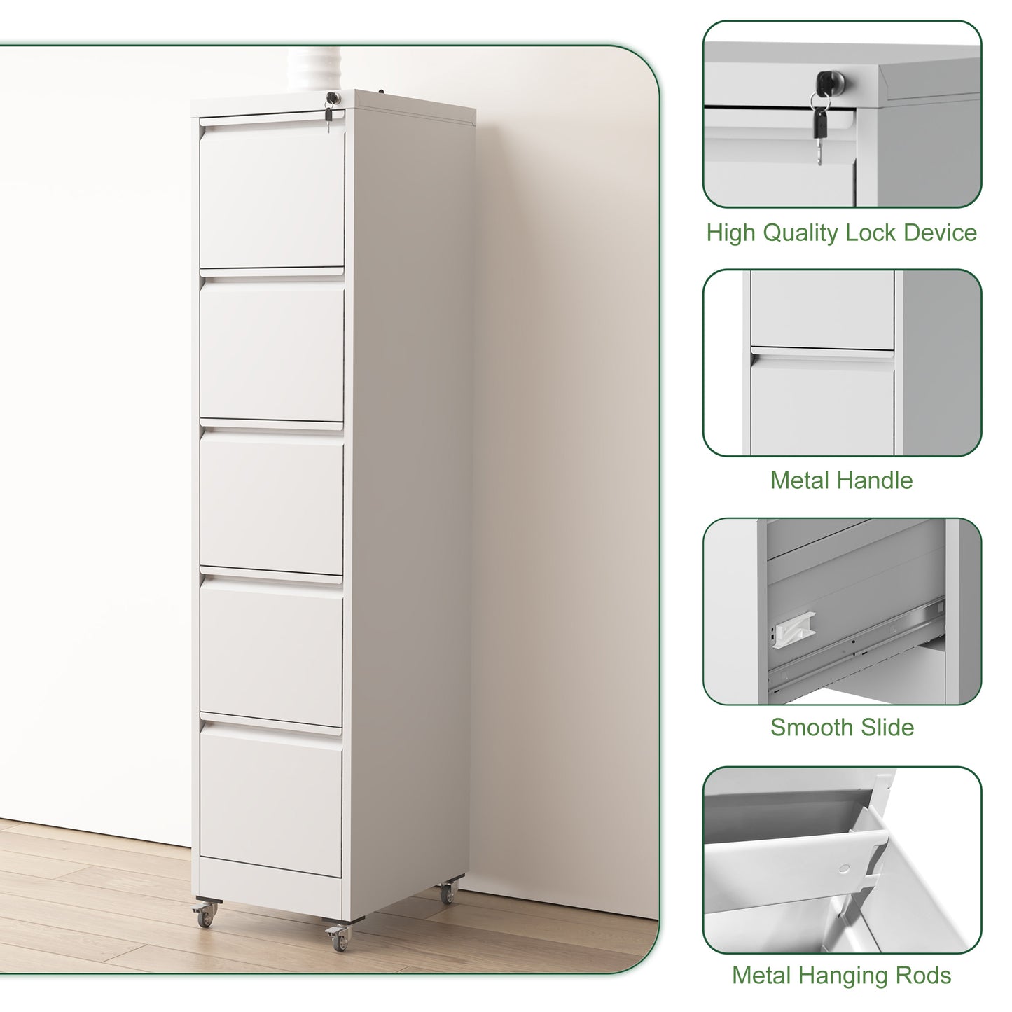 5 Drawer Metal Vertical File Cabinet With Lock On Wheels For Home