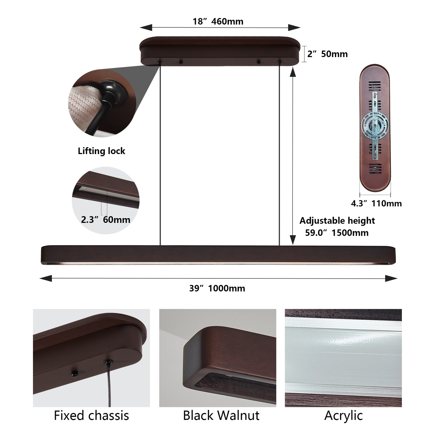 39-Inch Walnut Wood LED Pendant Light - Adjustable Modern Fixture