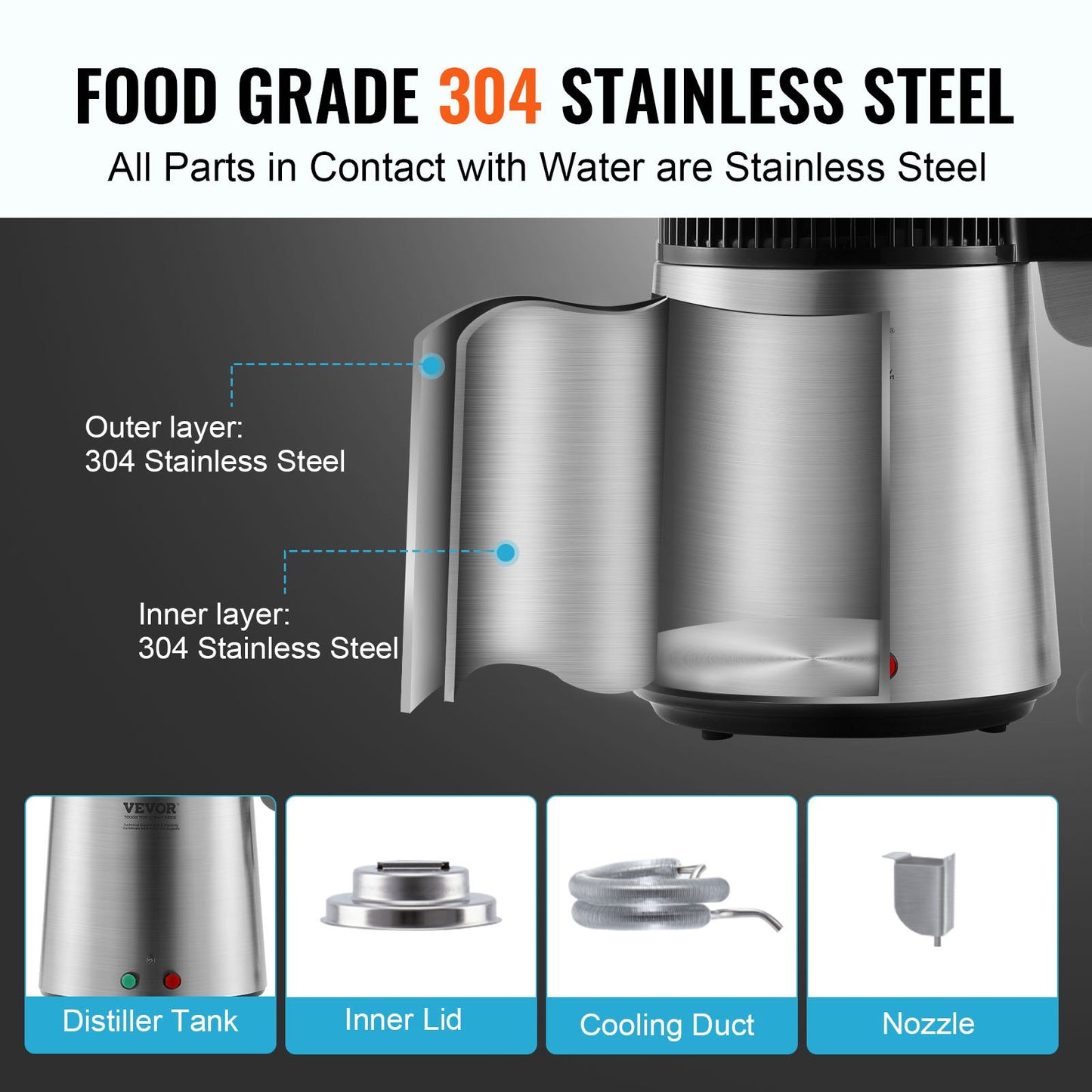 4L Countertop Water Distiller with Stainless Steel Interior and 750W Power - Pure Water Maker for Home
