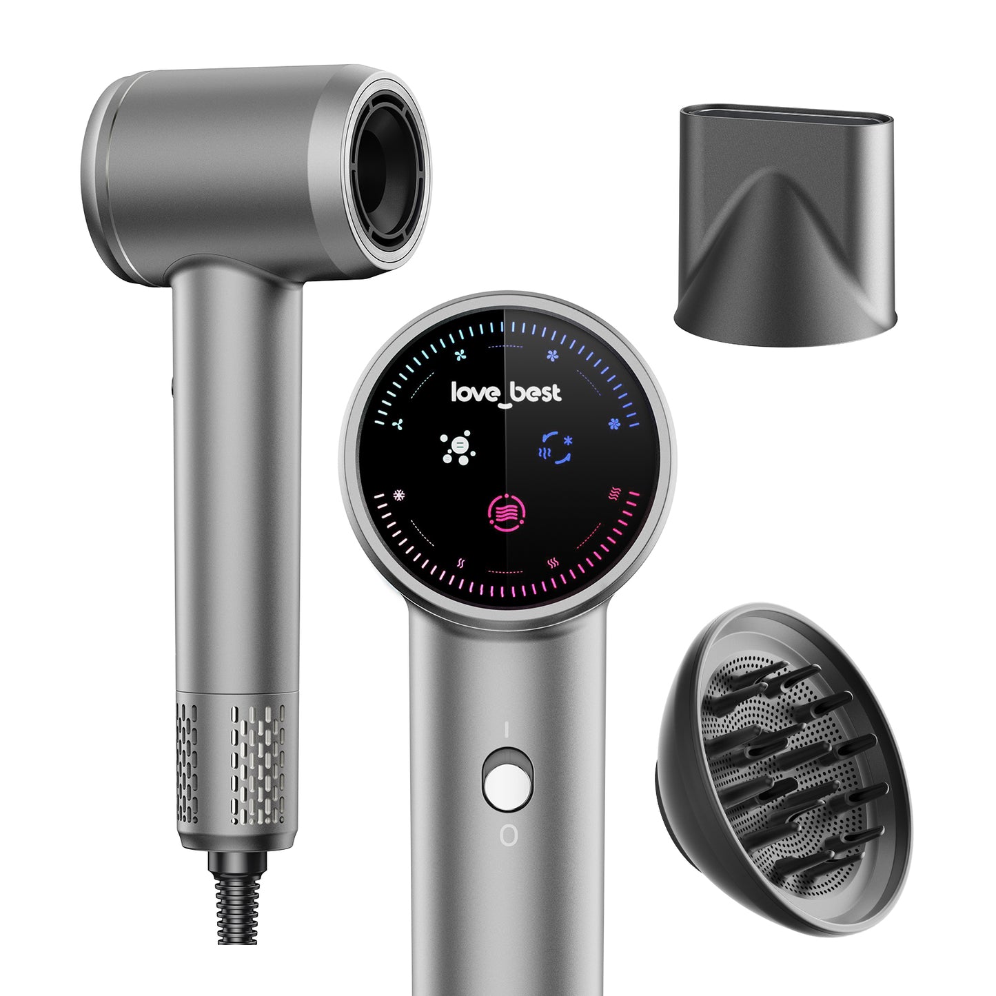 Professional Ionic Hair Dryer with Diffuser & Smart Screen - Fast Drying, Low Noise, Curly Hair Styling