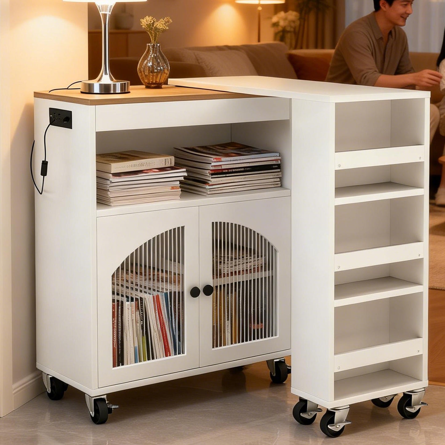 Mobile Kitchen Island Cart with LED Lighting and Power Outlets - White MDF