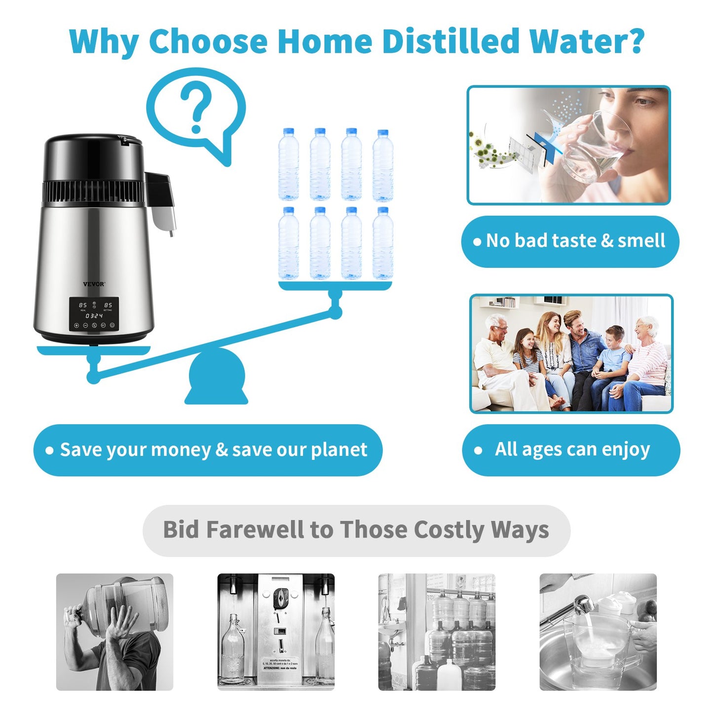 Water Distiller 1.1 Gallon Capacity, 750W Countertop Machine with Dual Temp & Timer - Silver